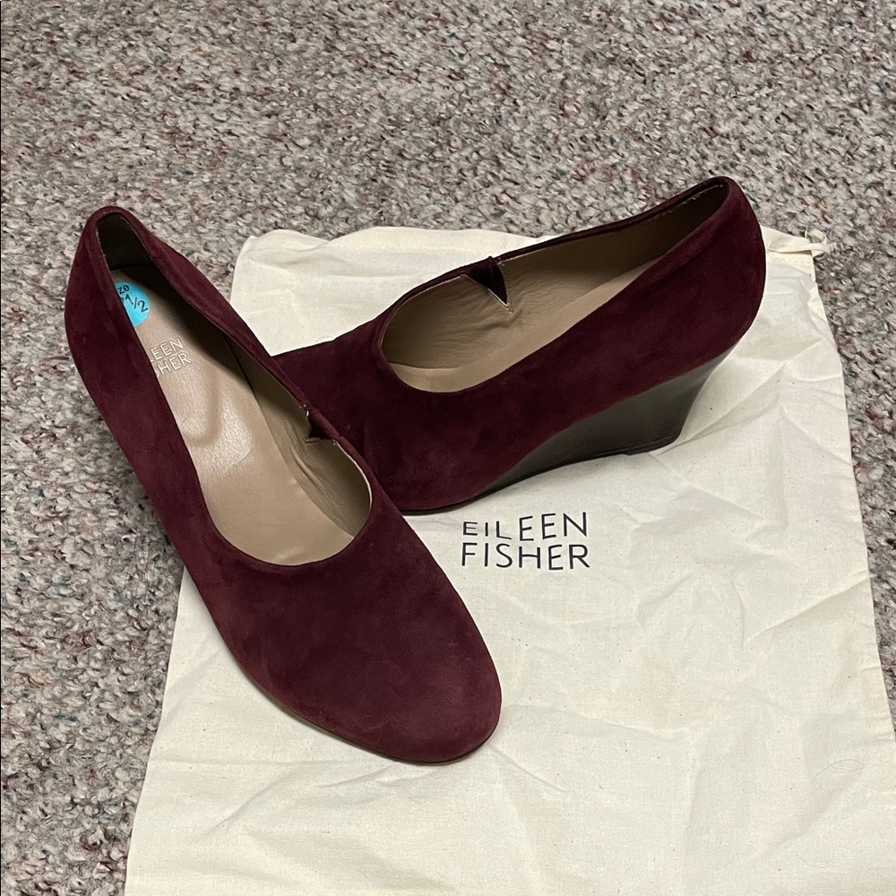 Eileen Fisher Burgundy Suede Wedge Pumps- includes shoe bag